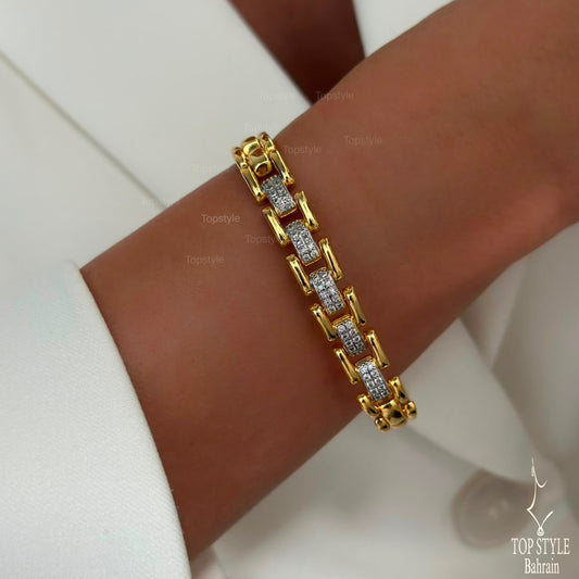 21K Gold Two Tone CZ Link Bracelet