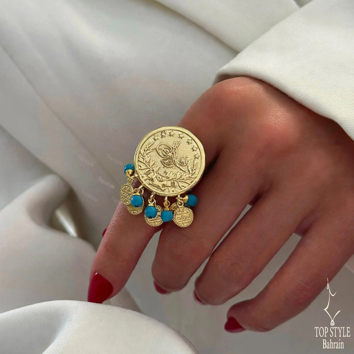Ottoman Gold Coin Ring with Turquoise Charms