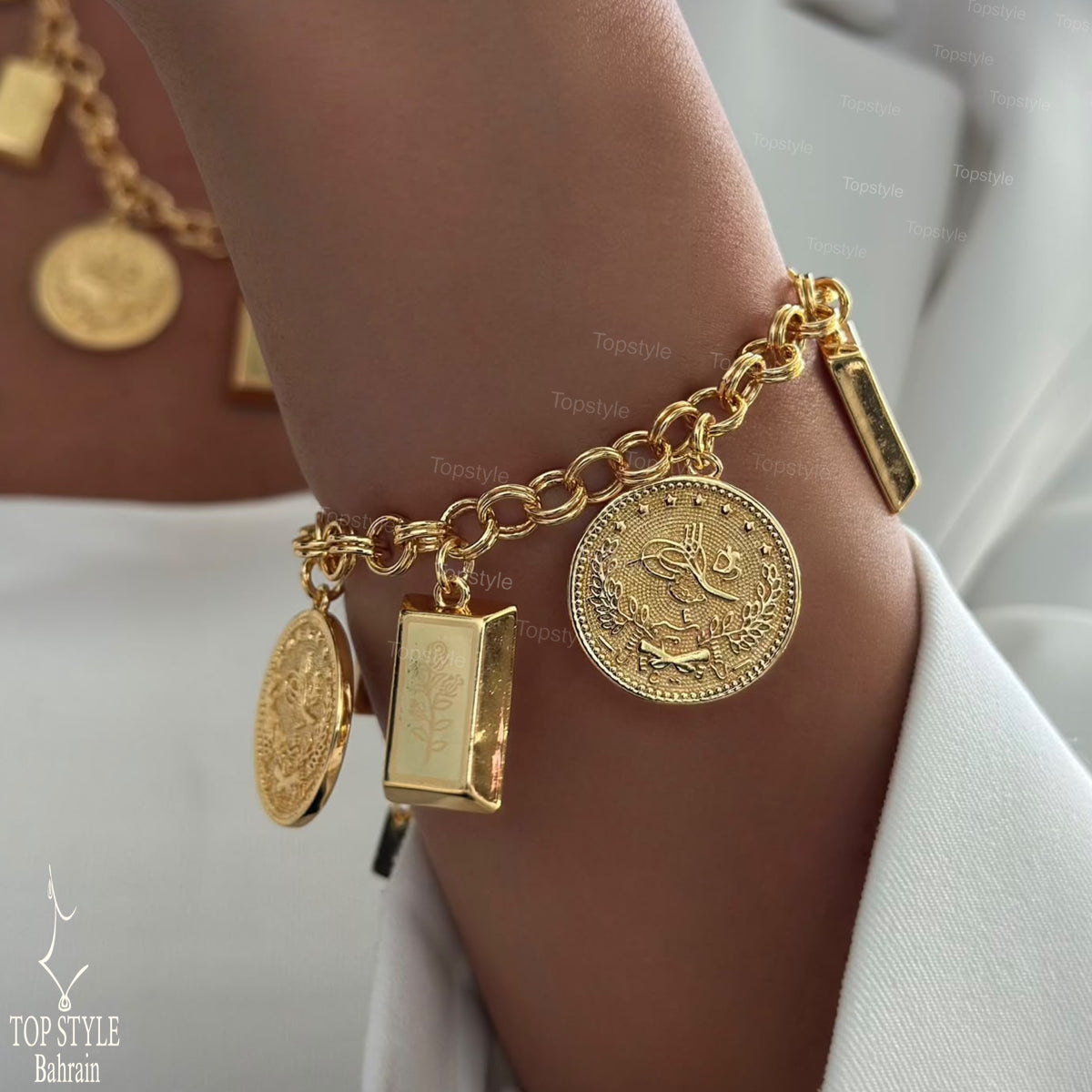 21K Gold Plated Coin & Bar Charm (Necklace and Bracelet) Set