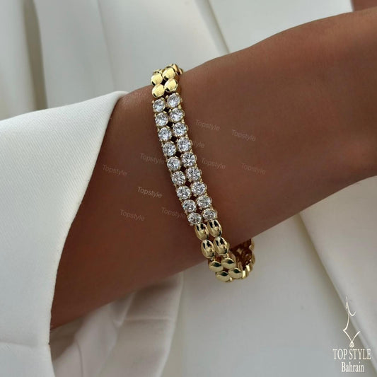 18K Gold Link Bracelet with Dual Row Stones
