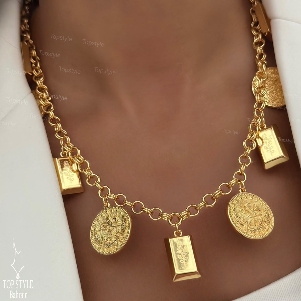 21K Gold Plated Coin & Bar Charm (Necklace and Bracelet) Set