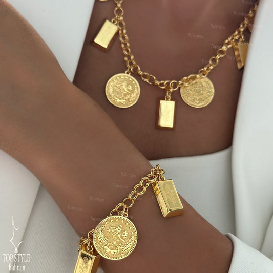 21K Gold Plated Coin & Bar Charm (Necklace and Bracelet) Set