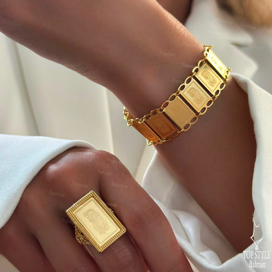 Lady Fortuna Half Set - 21K Gold Plated Bar Bracelet & Adjustable Ring