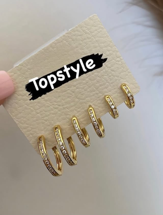 18K Gold Plated Pave Cubic Zirconia Huggie Hoop Earrings - Triple Piercing Set