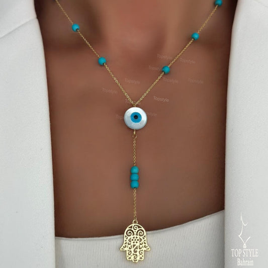 Hamsa Beaded Y Necklace | 18K Gold Plated