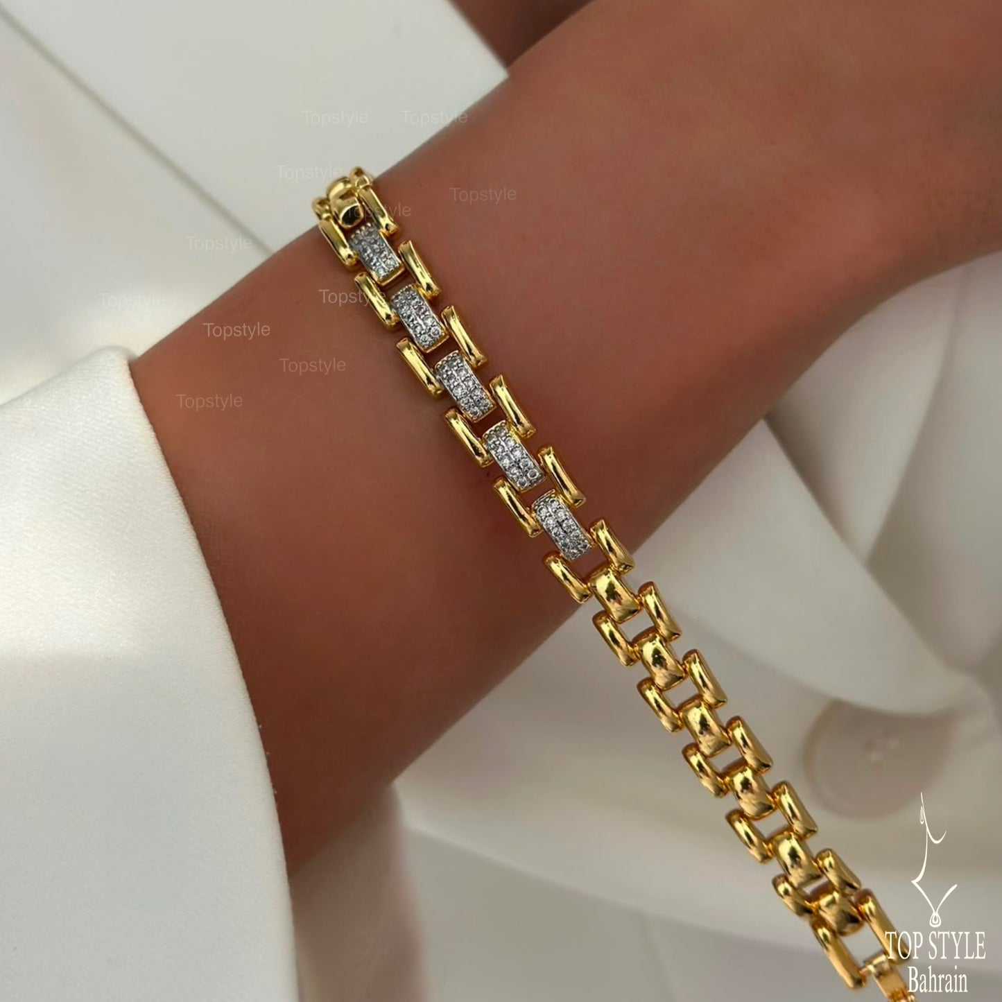 21K Gold Two Tone CZ Link Bracelet