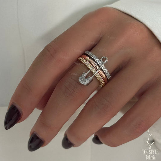 Gold Plated Safety Pin Triple Ring