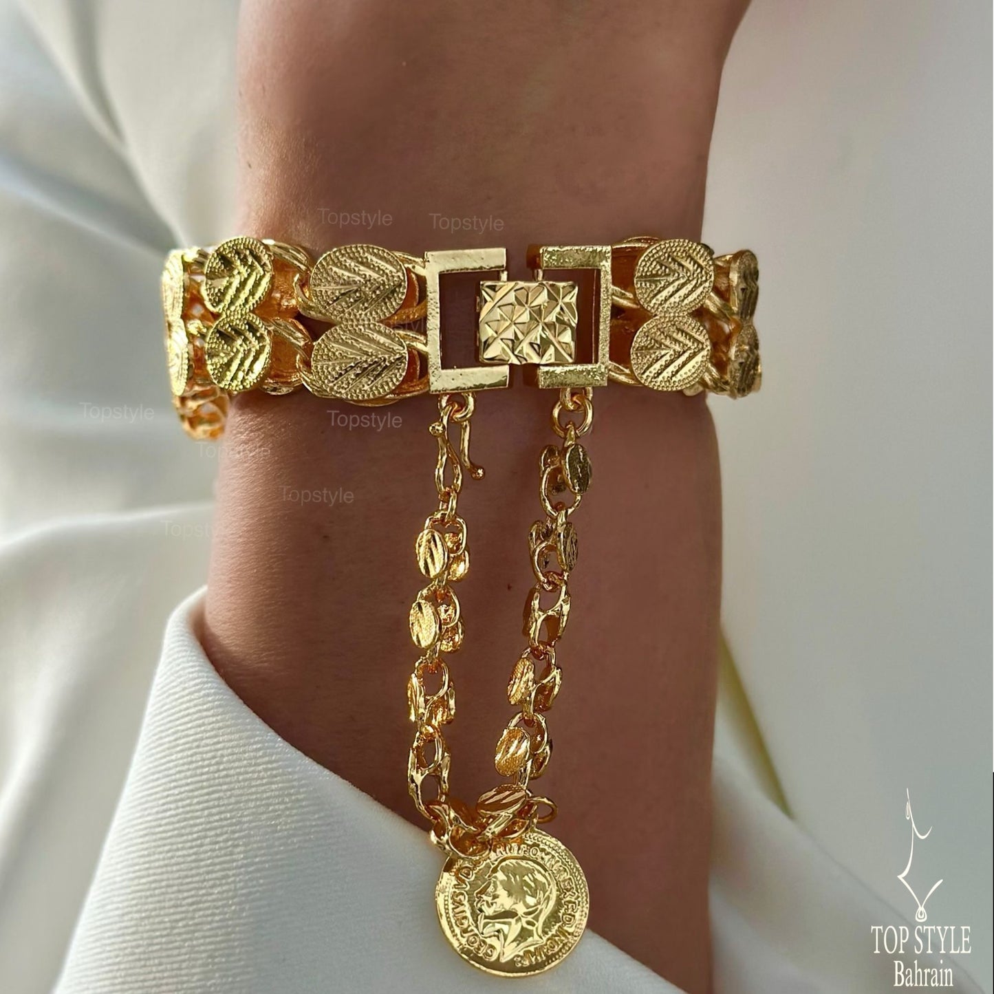 Vintage Gold Plated Coin Charm Belt Bracelet