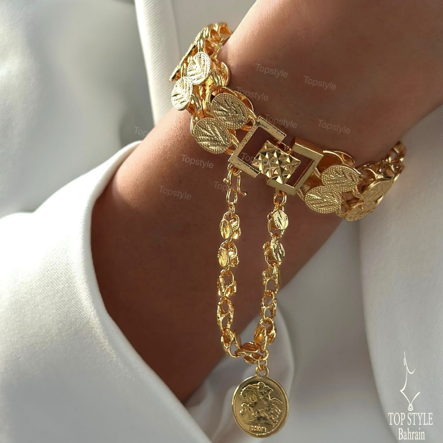 Vintage Gold Plated Coin Charm Belt Bracelet
