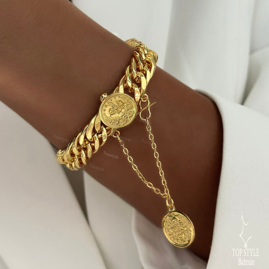 Queen Coin Chunky Chain Bracelet | 21K Gold Plated