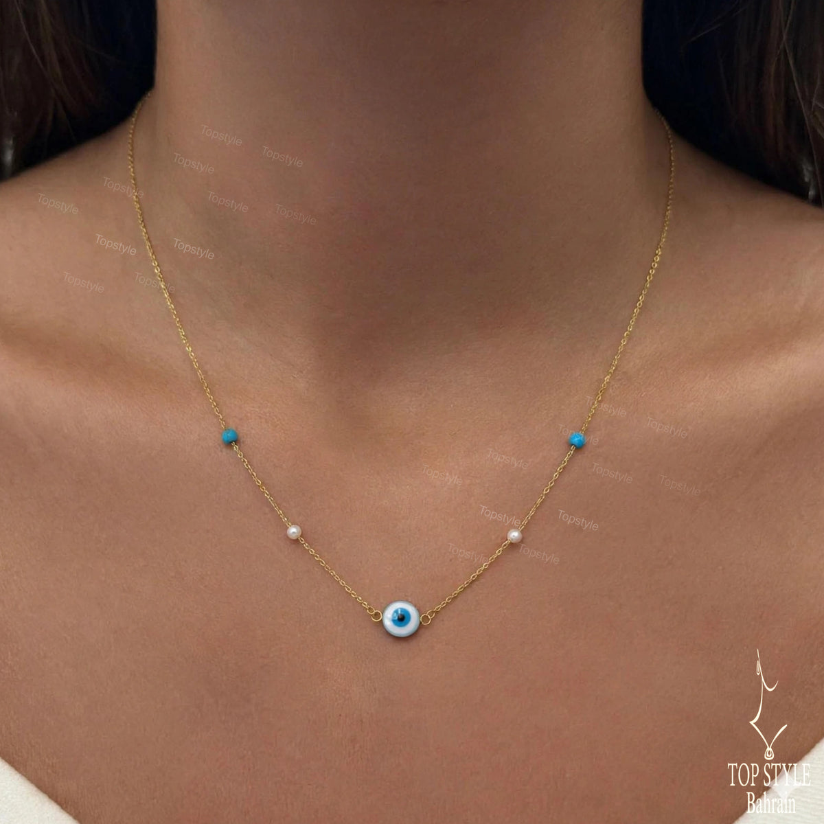 18K Gold Plated Dainty Gold Evil Eye Necklace with Turquoise & Pearl