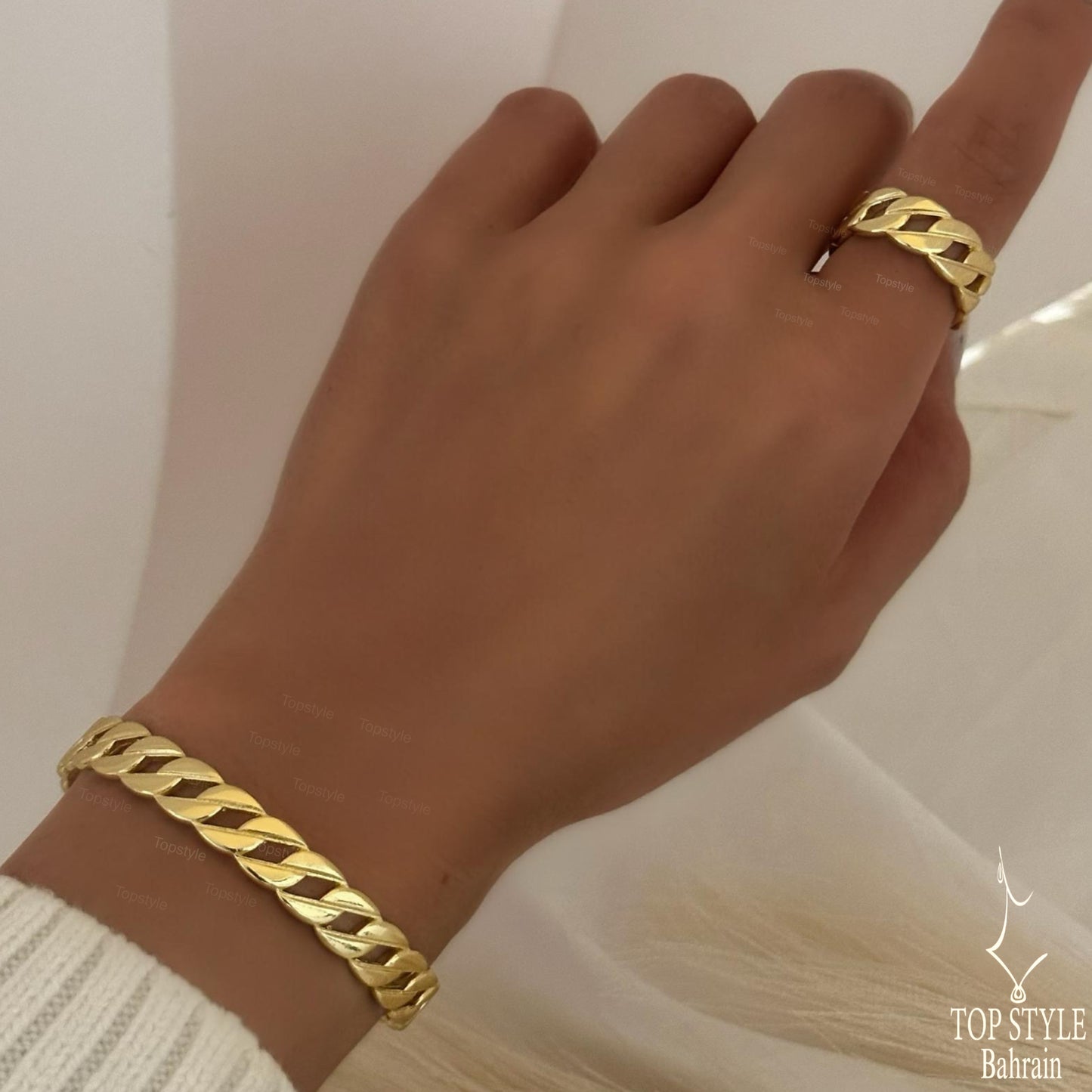 18K Gold Plated Wide Link Chain Half Set (Cuff Bracelet +Adjustable Ring)