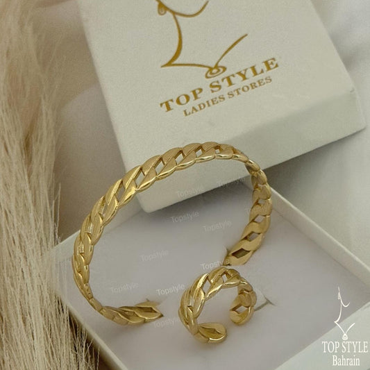 18K Gold Plated Wide Link Chain Half Set (Cuff Bracelet +Adjustable Ring)