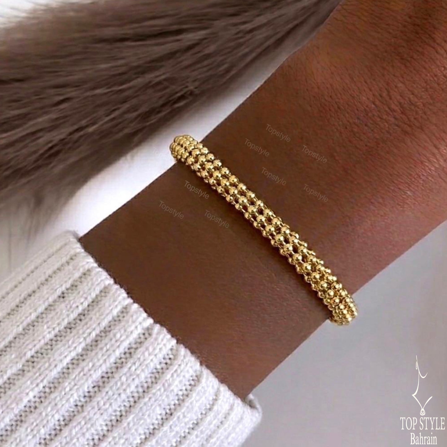 18K Gold-Plated Textured Bead Mesh Bracelet