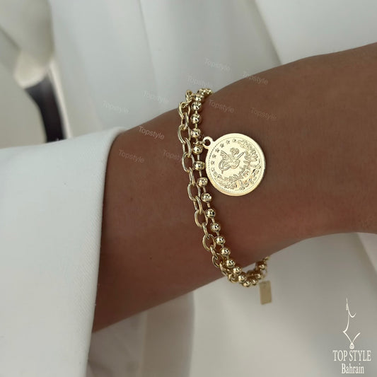 Double Chain Coin Charm Bracelet | 18K Gold Plated